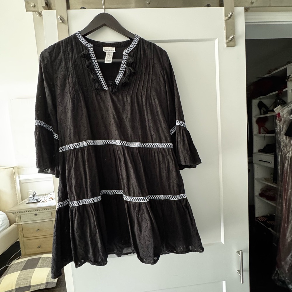 Tommy Bahama Black Embroidered Tiered Tunic dress with White Trim